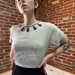 1940s Beaded Blouse muted blue short sleeve button back
